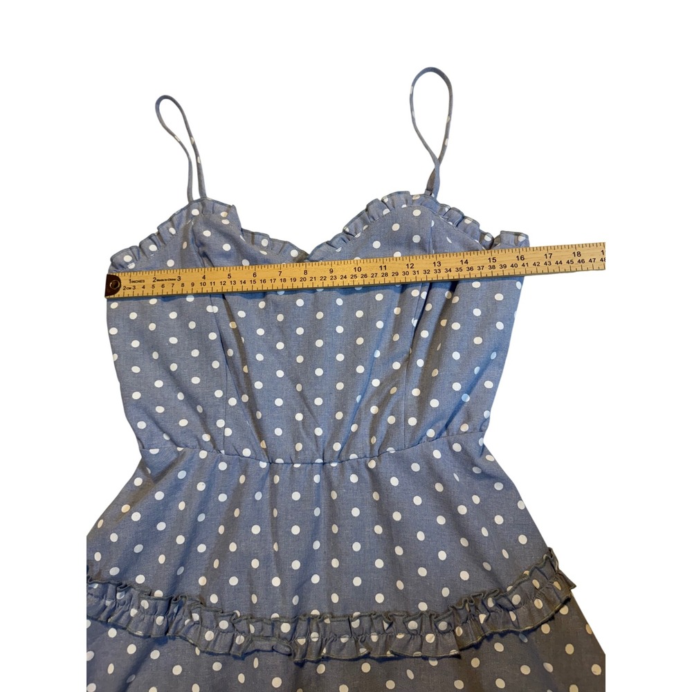 Mi Ami Womens Blue Polka Dot Ruffle Tiered Mini Dress Spaghetti Strap Size L - Picture 3 of 4